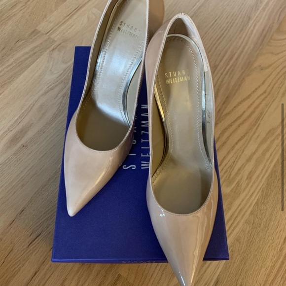 NEW Stuart Weitzman Nude Blush Patent Leather Stiletto Pointed Toe Vamp Pumps - Picture 3 of 4